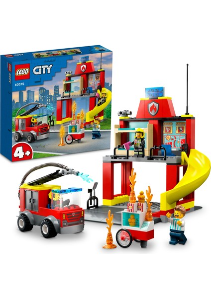 City İtfaiye Merkezi ve İtfaiye Kamyonu 60375 - 4 Yaş ve Üzeri İçin 3 Minifigür İçeren Eğlenceli bir Başlangıç Oyuncak Yapım Seti (153 Parça)