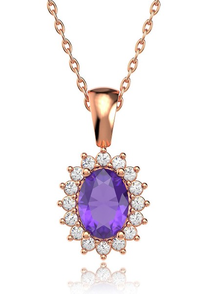 Oval Ametist Taşlı Anturaj Rose Gümüş Kolye