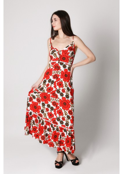 Kadın Önü Düğmeli Omuz Askılı Elbise-Kırmızı