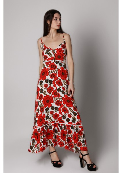 Kadın Önü Düğmeli Omuz Askılı Elbise-Kırmızı fiyatları