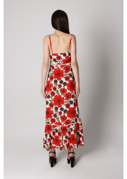 Kadın Önü Düğmeli Omuz Askılı Elbise-Kırmızı modelleri