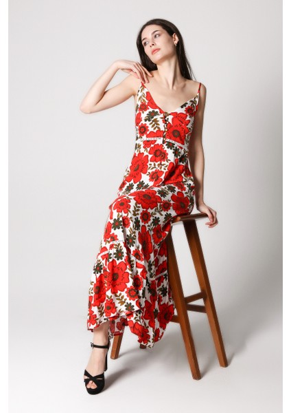 Kadın Önü Düğmeli Omuz Askılı Elbise-Kırmızı fırsatları