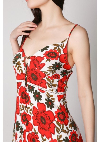 Kadın Önü Düğmeli Omuz Askılı Elbise-Kırmızı indirimleri