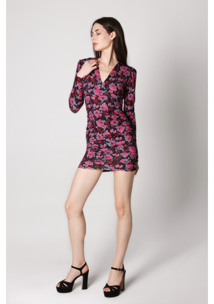 Kadın Yanları Büzgülü Çiçek Desenli Mini Elbise fiyatları