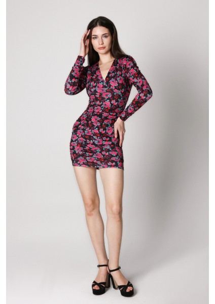 Kadın Yanları Büzgülü Çiçek Desenli Mini Elbise fırsatları