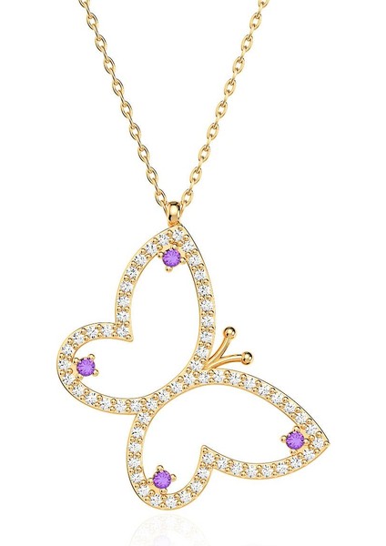 Ametist Kelebek Altın Kaplama Gümüş Kolye