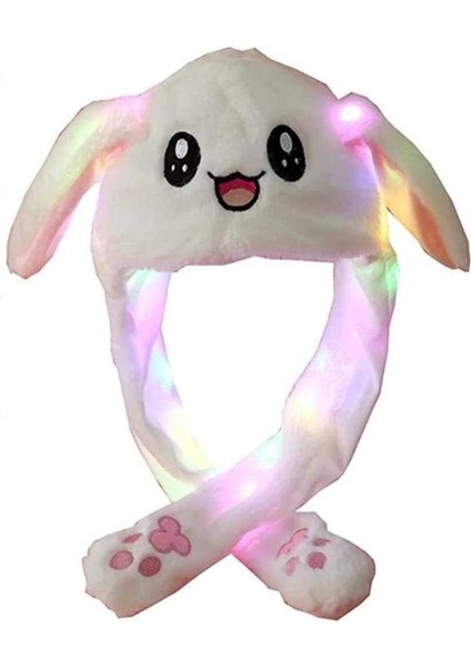 Işıklı Oynar Kulaklı Peluş Kawaii Figürlü Şapka Beyaz