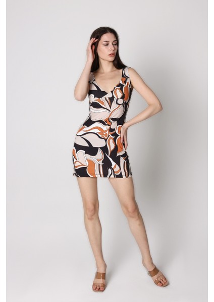 Kadın Kolsuz Desenli Mini Elbise