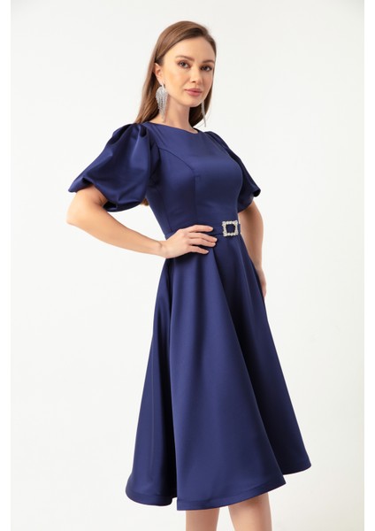 Kadın Lacivert Balon Kollu Taşlı Kemerli Mini Saten Abiye Elbise fiyatları