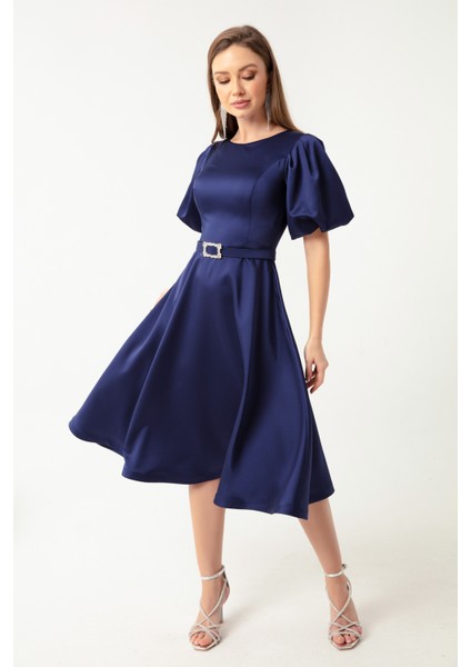 Kadın Lacivert Balon Kollu Taşlı Kemerli Mini Saten Abiye Elbise fırsatları