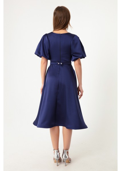 Kadın Lacivert Balon Kollu Taşlı Kemerli Mini Saten Abiye Elbise indirimleri