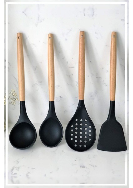 Silikon Bambu Saplı 4 Parça Mutfak Servis Seti Siyah(Kepçe-Kaşık-Kevgir-Spatula)Siyah
