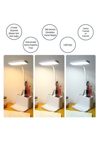 Kalemlikli Usbli Dokunmatik 3 Kademeli 360 Derece Özel Göz Korumalı LED Lityum Masa Lambası