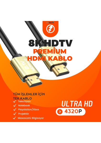 8k HDMI Kablosu Premium Hdtv 8k 60Hz, 4K 120Hz, 7680P Yüksek Hızlı 1.5mt Altın Uçlu