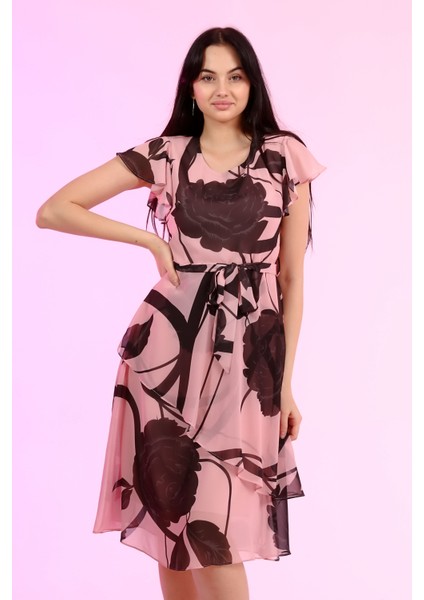 Kadın Bel Kuşaklı Desenli Pudra Şifon Elbise