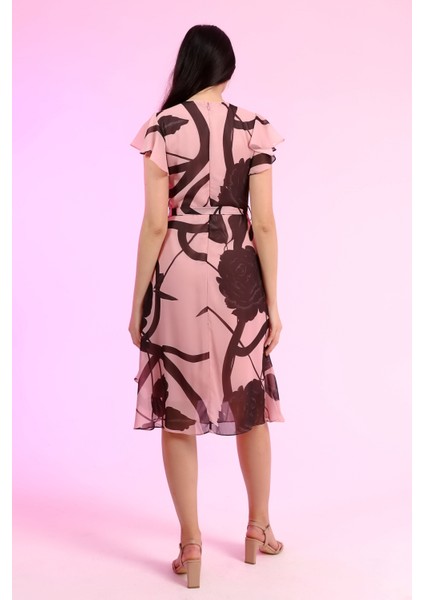 Kadın Bel Kuşaklı Desenli Pudra Şifon Elbise indirimleri