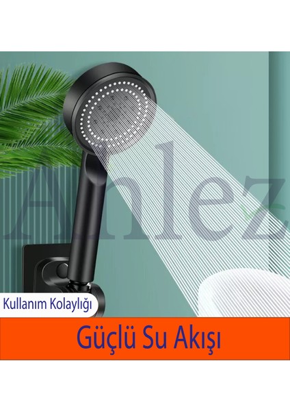 Maxima Siyah Turbo Fan 5 Fonksiyonlu Duş Başlığı ve Pvc Duş Hortumu Duş Takımı