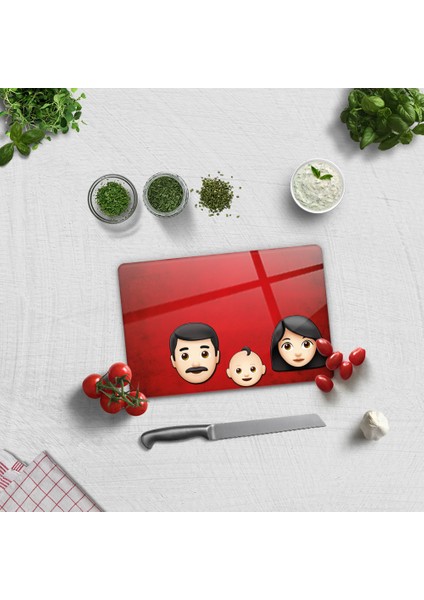 Emoji Ailesi Anne & Baba & Çocuk | Cam Kesme Tahtası - Cam Kesme Tablası |