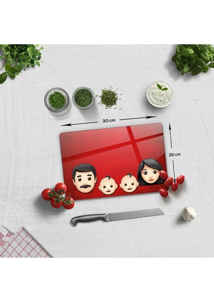 Emoji Ailesi Anne & Baba & Çocuklar | Cam Kesme Tahtası - Cam Kesme Tablası |