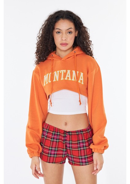 Turuncu Kapüşonlu Crop Sweatshirt - Alda | 160465-2