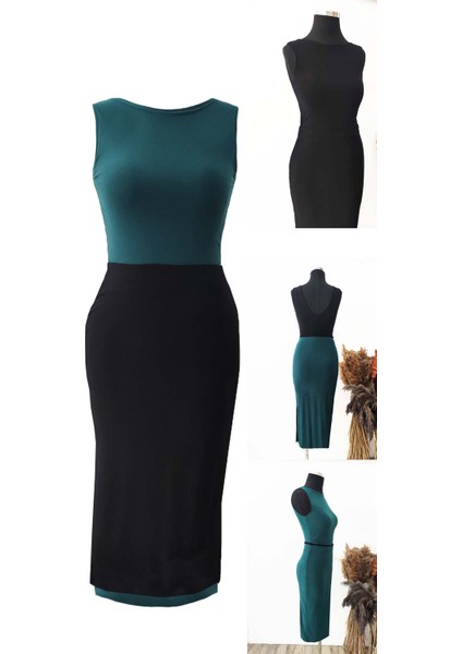 Çift Yönlü 4 Kombinli Etek Bluz Takım Siyah Yeşil