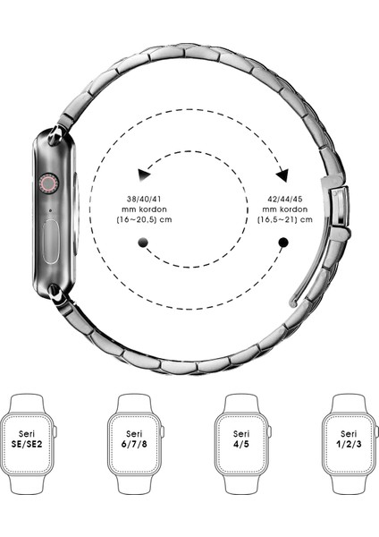 Kip GSM Apple Watch Uyumlu Kordon 38MM 40MM 41MM 42MM 44MM 45MM 49MM 1/2/3/4/5/6/se/7/8/ultra Metal Kordon Ayarlama Aparatlı