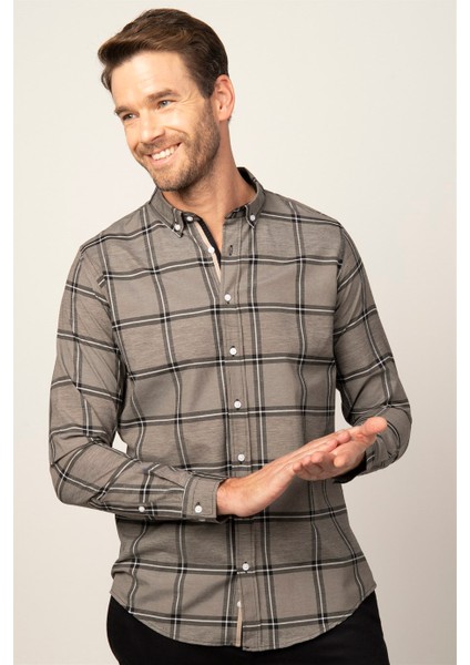 Slim Fit Uzun Kol Ekoseli Biyeli Yaka Düğmeli Erkek Gömlek