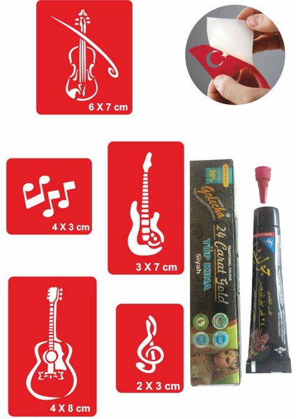 Müzik Gitar Desenleri Hint Kınası ile Geçici Dövme Yapma Seti