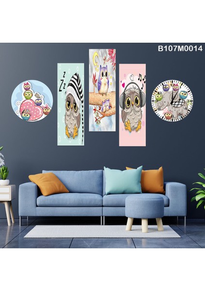 5 Parçalı Dekoratif Ahşap Duvar Tablosu ve Saati 60X115 cm B107M0014