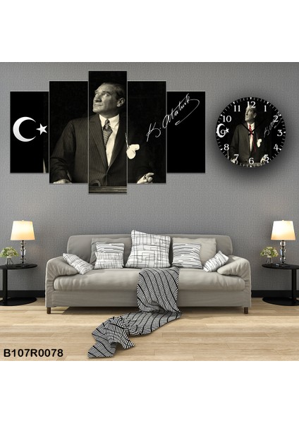 6 Parçalı Dekoratif Ahşap Duvar Tablosu ve Saati 60X124 cm B107R0078