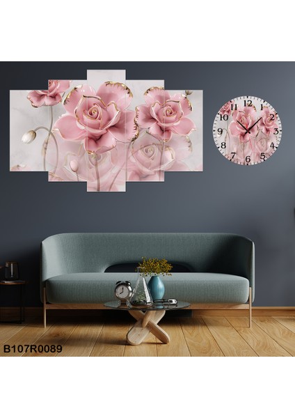 6 Parçalı Dekoratif Ahşap Duvar Tablosu ve Saati 60X124 cm B107R0089