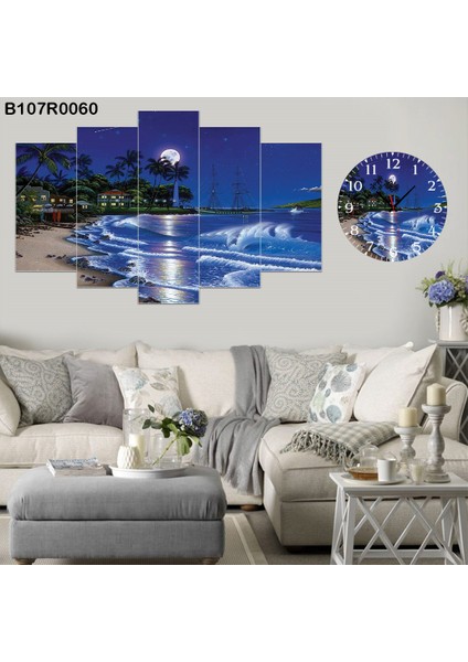 6 Parçalı Dekoratif Ahşap Duvar Tablosu ve Saati 60X124 cm B107R0060