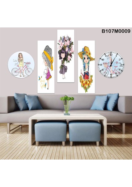 5 Parçalı Dekoratif Ahşap Duvar Tablosu ve Saati 60X115 cm B107M0009