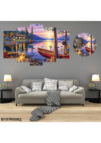 6 Parçalı Dekoratif Ahşap Duvar Tablosu ve Saati 60X124 cm B107R0062