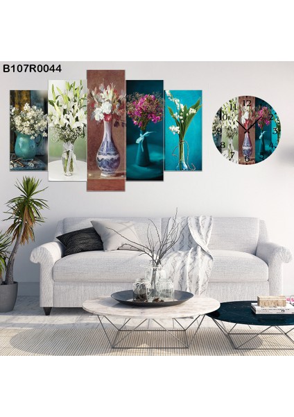 6 Parçalı Dekoratif Ahşap Duvar Tablosu ve Saati 60X124 cm B107R0044