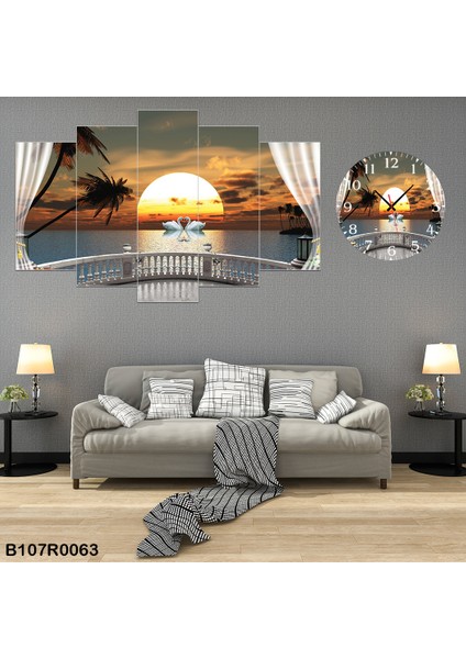 6 Parçalı Dekoratif Ahşap Duvar Tablosu ve Saati 60X124 cm B107R0063