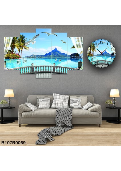 6 Parçalı Dekoratif Ahşap Duvar Tablosu ve Saati 60X124 cm B107R0069