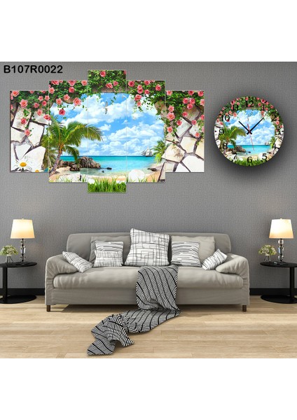 6 Parçalı Dekoratif Ahşap Duvar Tablosu ve Saati 60X124 cm B107R0022