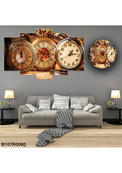 6 Parçalı Dekoratif Ahşap Duvar Tablosu ve Saati 60X124 cm B107R0080