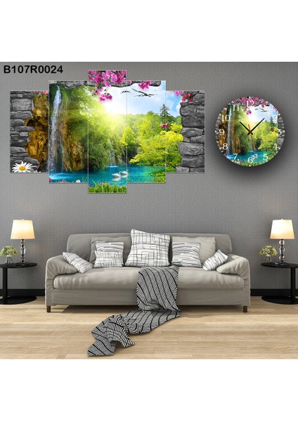 6 Parçalı Dekoratif Ahşap Duvar Tablosu ve Saati 60X124 cm B107R0024