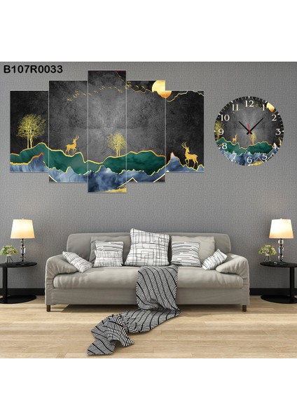 6 Parçalı Dekoratif Ahşap Duvar Tablosu ve Saati 60X124 cm B107R0033