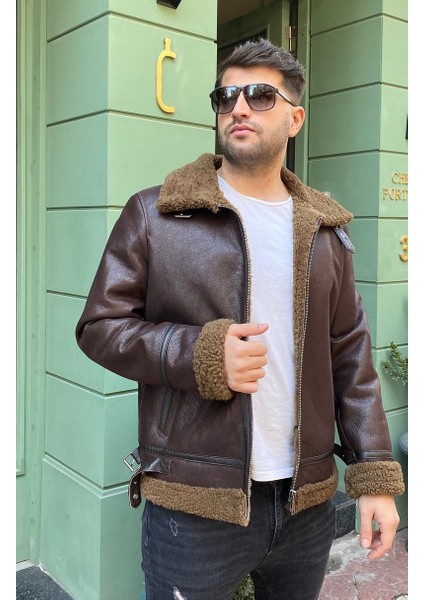 Deri Ceket & Kürklü Ceket Erkek Pilot Model Kahverengi
