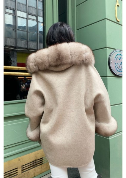 Kadın Hakiki Oversize Ceket- Kapüşonlu Yaka-Kemerli Oversize Ceket