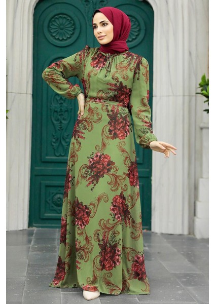 - Çiçek Desenli Haki Tesettür Elbise 27921HK