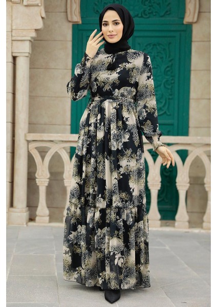 - Desenli Siyah Tesettür Elbise 33560S