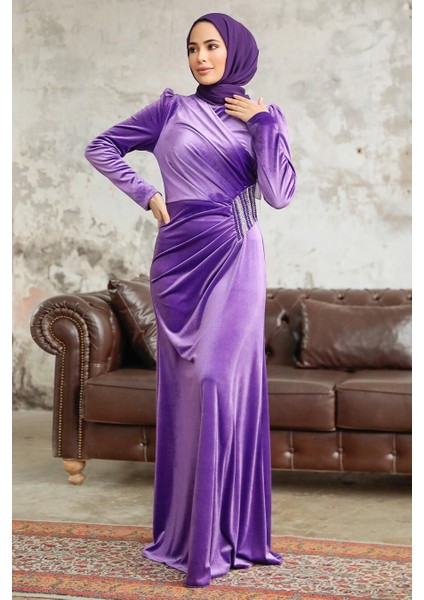 - Drape Detaylı Koyu Lila Tesettür Kadife Elbise 36891KLILA