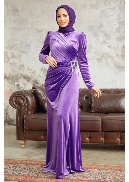 - Drape Detaylı Koyu Lila Tesettür Kadife Elbise 36891KLILA modelleri