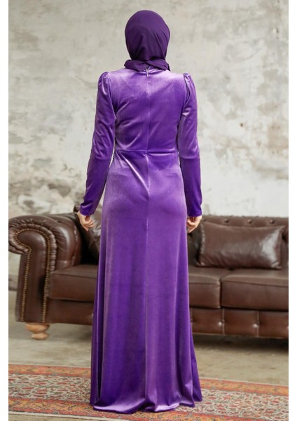 - Drape Detaylı Koyu Lila Tesettür Kadife Elbise 36891KLILA fırsatları