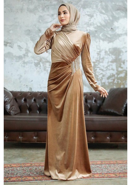 - Drape Detaylı Bisküvi Tesettür Kadife Elbise 36891BS fiyatları