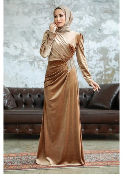 - Drape Detaylı Bisküvi Tesettür Kadife Elbise 36891BS modelleri